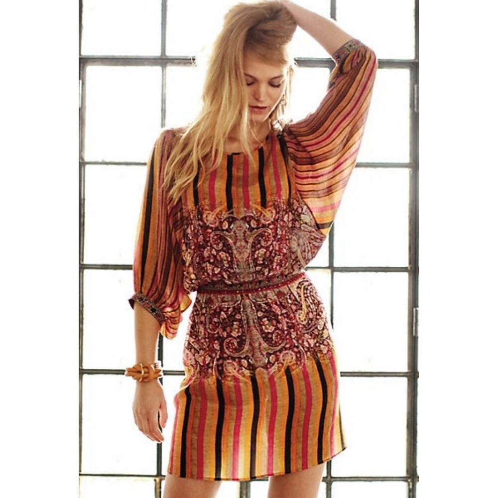 Anthropologie Sunpass Dress by Tanvi Kedia Orange Size S Beaded Bohemian Party
